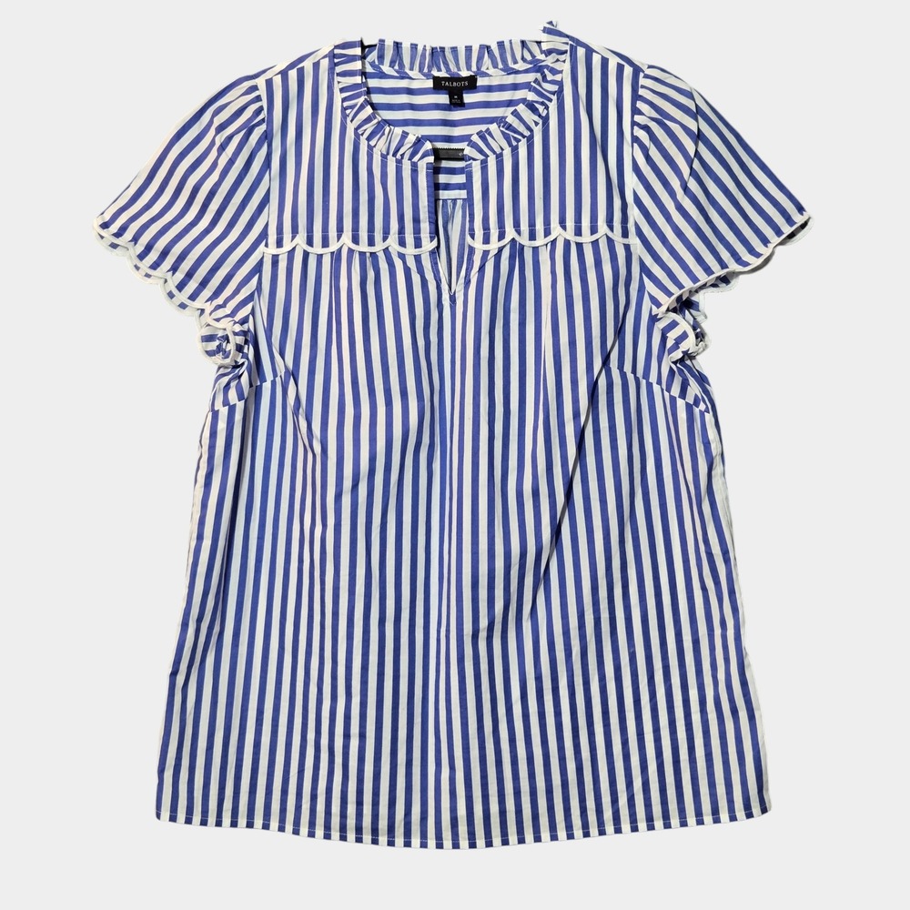Talbots Ruffle Neck Scallop Trim Blouse Blue White Striped M Preppy Coastal